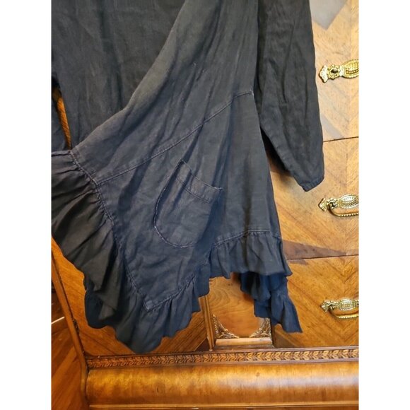 Lagenlook Mary Grace Black Size XL Asymmetrical Hem Pockets Linen Blouse - Picture 2 of 8